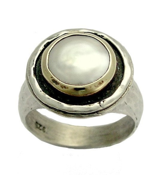 Sterling silver , yellow gold gemstone ring with a coin pearl - French vanilla.