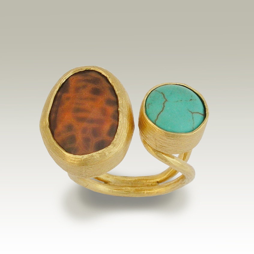 Two stone ring - 24k gold plated adjustable ring with fire agate gemstone and turquoise - Don't ever change