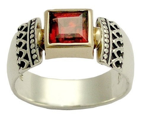 Sterling silver and yellow gold Victorian ring with square red garnet, January birthstone  - Triumph.