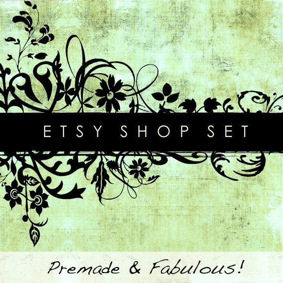 Etsy Shop Set, Premade Banner Set, Chic Store Set, Avatar, Thank you graphic, Green Black Floral Grunge