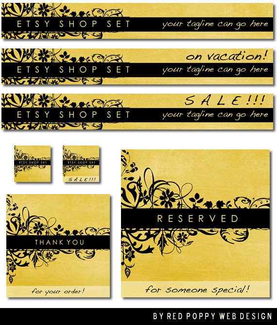 Etsy Banner Set Yellow Black Floral Grunge Premade Etsy Shop Set Store Banners Avatar Graphics