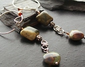 Rhyolite heart gemstone earrings -I Love a Rainforest-Green, Brown, Tan on Silver