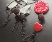 Red jade gemstone heart and double Happiness cinnabar choker set -I Heart the Orient -Deep Red and Black on Blackened Brass