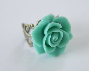 Turquoise Blue Aqua Resin Rose Flower Vintage Bronze Adjustable Ring, Vintage Inspired, Bridesmaids, Spring Fashion, Bridal Jewelry