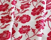 SALE - FAT QUARTER - Rose screen-printed fabric (cranberry on birch linen / cotton) 50cm x 63.5cm