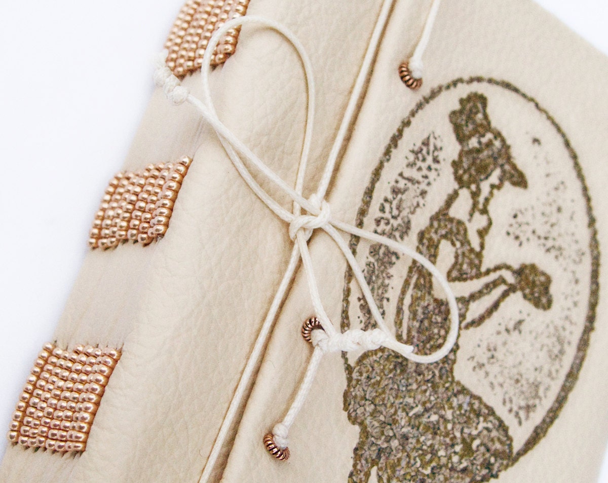 Handbound leather Journal Diary, beige stamped leather, golden beads spine