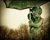 Park Statue Photograph children boy girl green umbrella sepia home decor haunting - FirstLightPhoto