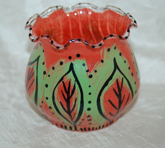 Autumn Leaves Candle Holder Hand Painted Glass