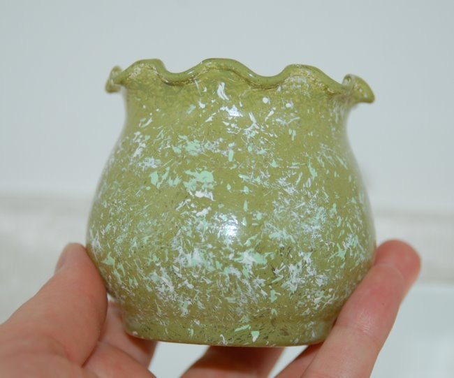 Hand Painted Moss Green Marbled Flower Glass Candle Holder