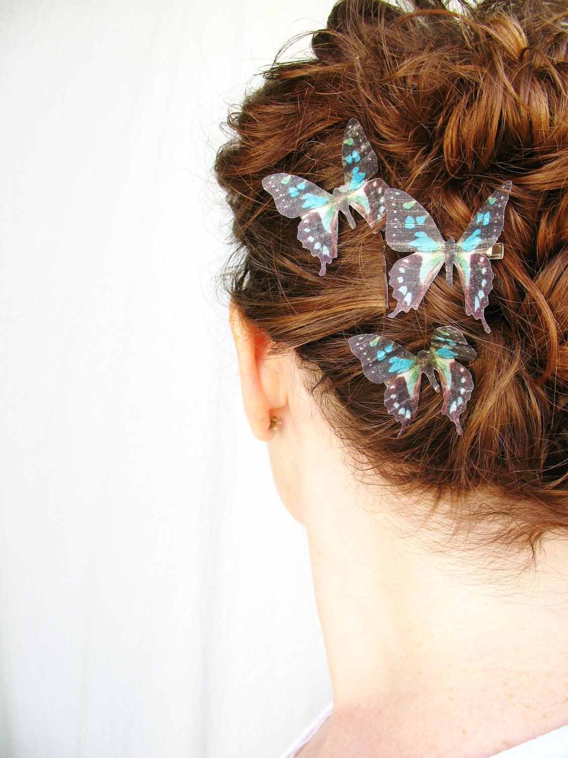 three handmade robins egg and aqua silk butterfly hair clips . upon the breeze . pure dupioni silk