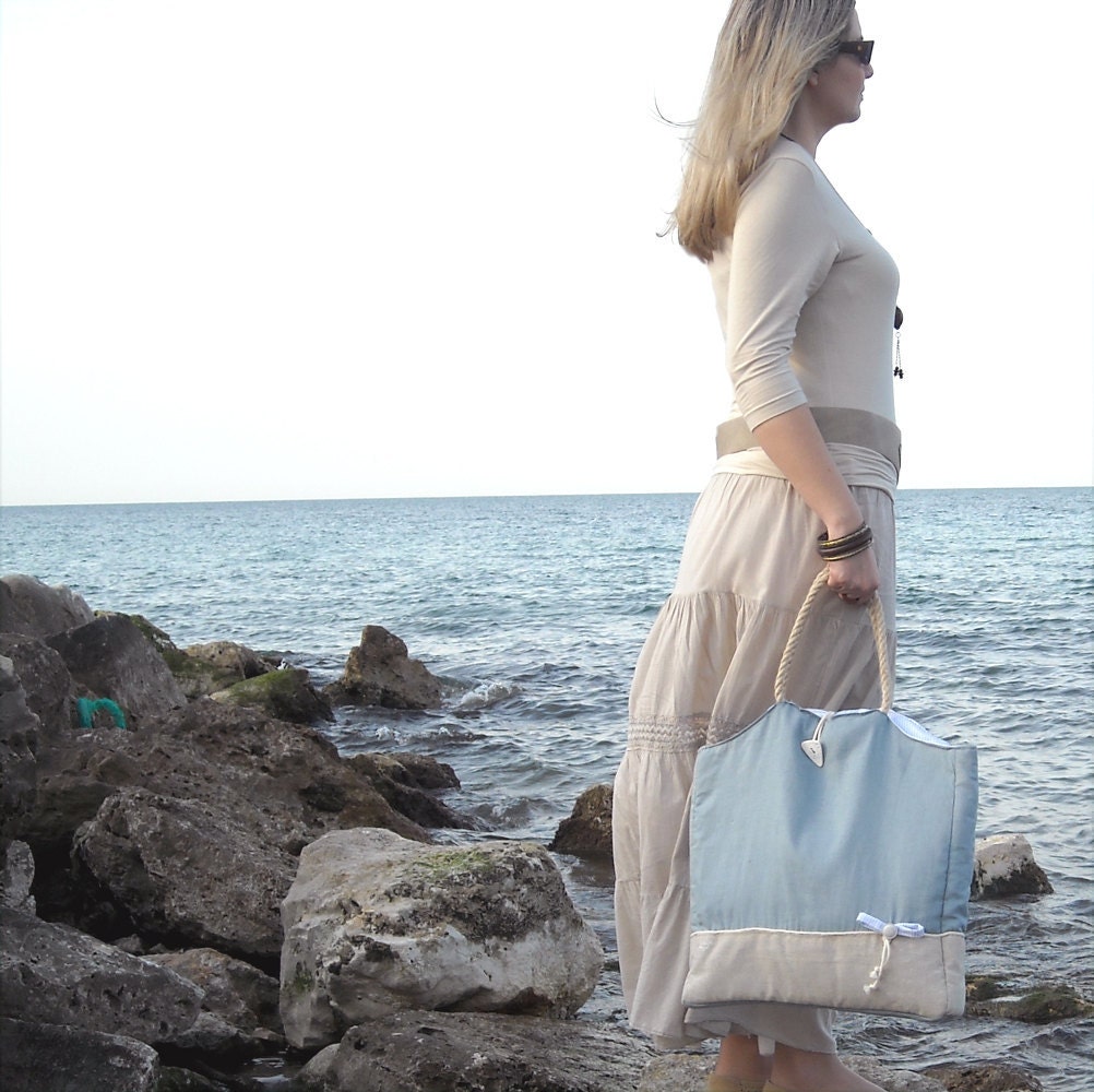 Sky blue tote large bag linen cotton fabric