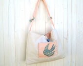 Pastel tote bag cotton fabric with birds Applique