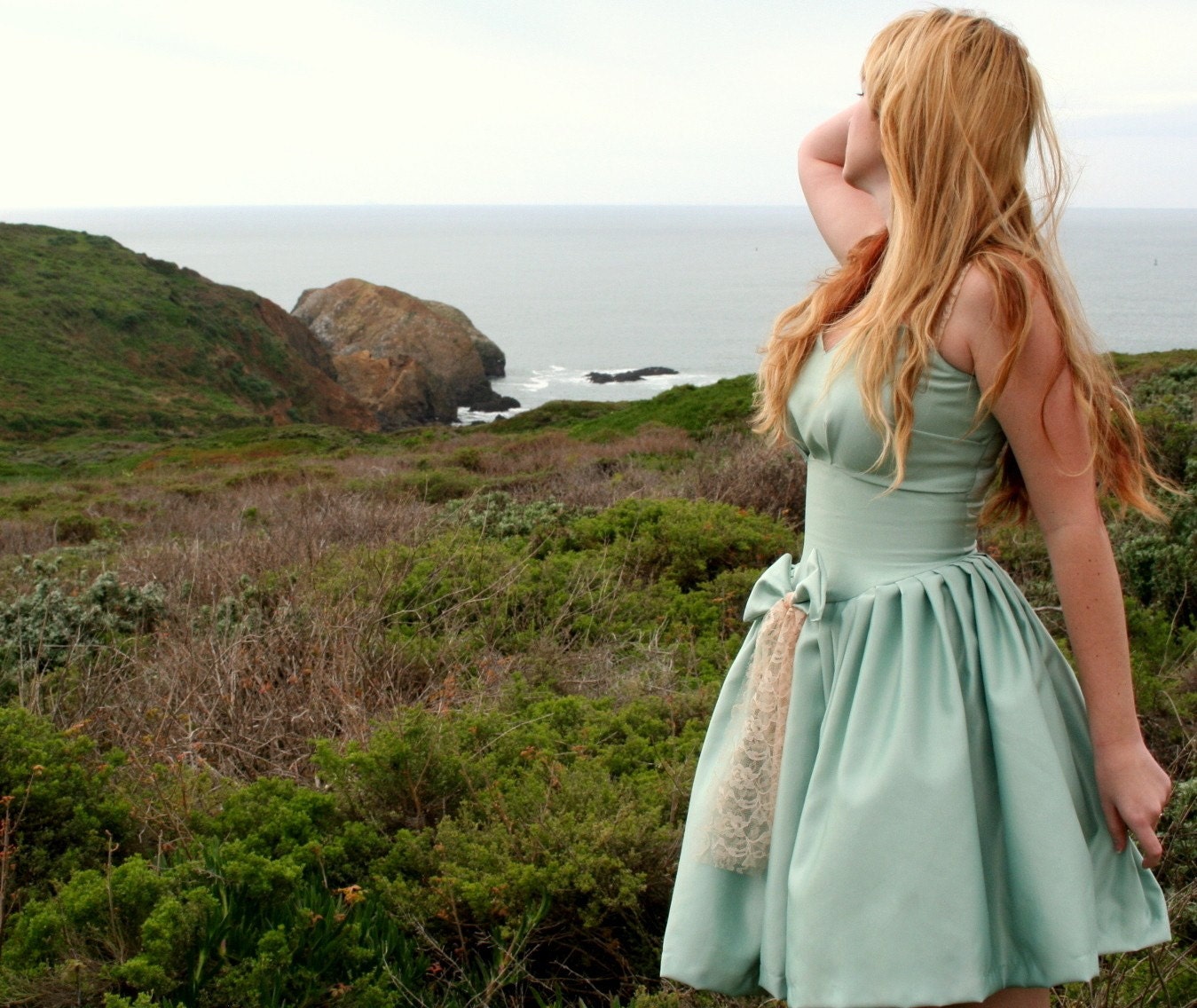 To The Sea Dress 50s Vintage Inspired Custom Sundress in Ocean Green Silk and Ecru Lace Any Size Color and Length