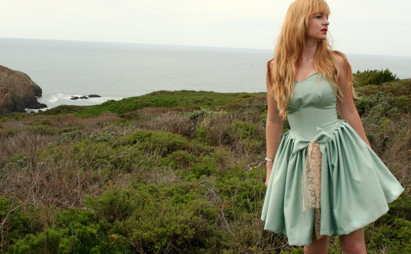 To The Sea Dress 50s Vintage Inspired Custom Sundress in Ocean Green Silk and Ecru Lace Any Size Color and Length