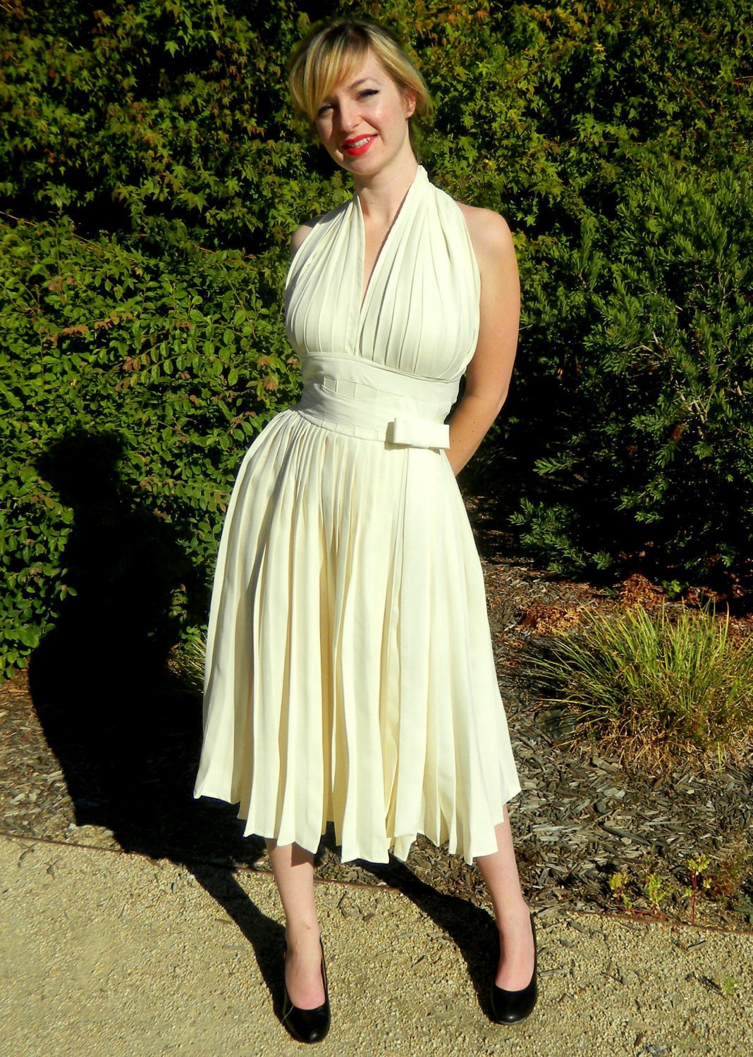 Custom Made Marilyn Monroe Pleated White Halter Subway Dress Reproduction in Heavy Silk Crepe