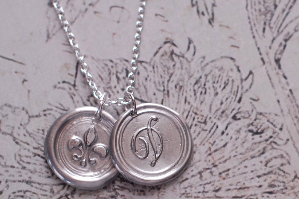 Two Monogrammed Initial Wax Seal Pendants /  FLEUR DE LIS / Graduation/  a b c d e f g h i j k l m n  o p r s t u v w z