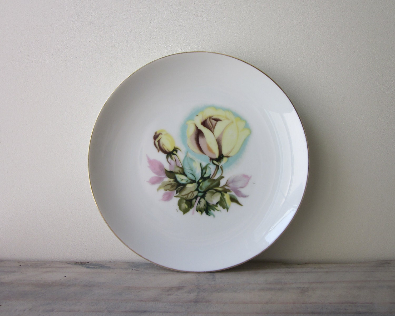 Shabby Chic China Plate with Yellow Rose