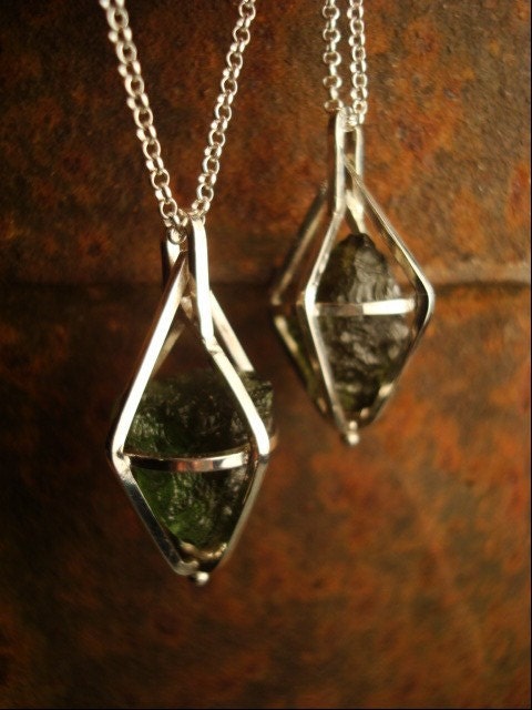 Moldavite Pendant--Sterling Silver Caged Moldavite Necklace