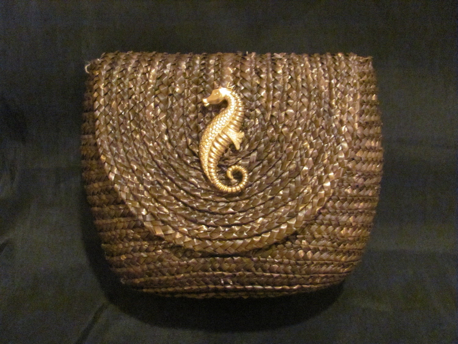 SALE Brown Straw Clutch Purse with Gold Seahorse - Clutch Straw Bag Purse