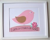 Kids Wall Art, Baptism Gift for Girls, Nursery Decor, Verse, Baby Girl Art Decor, Bird, Christian Art, I am a Child of God, 8x10 Print