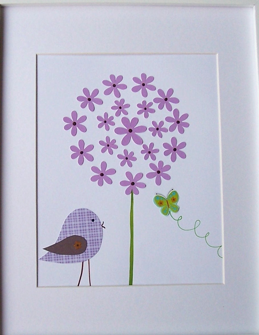 Kids Wall Art, Children's Art Decor, Baby Girl Room Decor, Nursery Art, Butterfly, Purple Bird and the Butterfly, 8x10 Print
