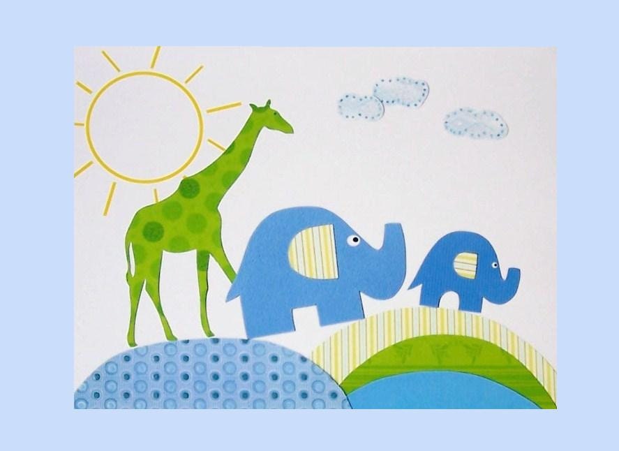 Kids Wall Art, Children's Room Decor, Nursery Decor, Little Boys Art, Giraffe, Elephant, Green, Blue, March of the Zoo Animals, 8x10 Print