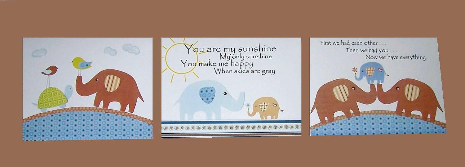 Kids Wall Art, Nursery Art Prints, Baby Boy Room Art Decor, Nursery Art, Bird, Elephant, Blue, Brown, Quote, Set of Three, 8x10 Prints