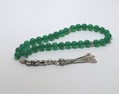 Tasbih, Green, Jade Gemstone, Silver Prayer Beads, Tesbih