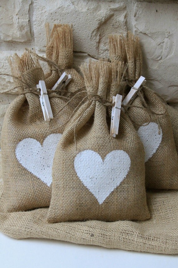 Burlap Gift Bags, White Heart, Shabby Chic Wedding, Valentines Day, White and Natural, Set of Four.