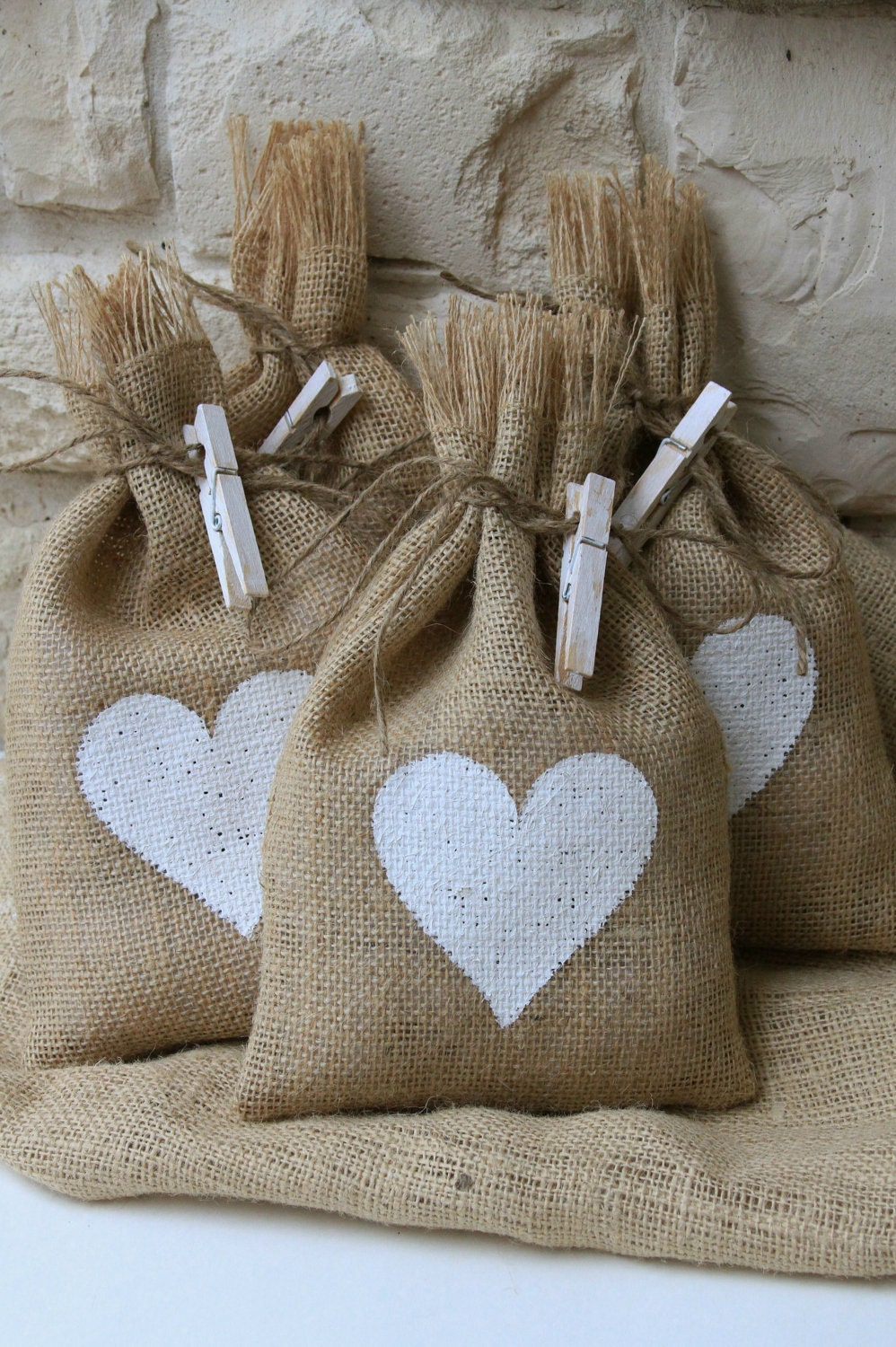 Burlap Gift Bags, White Heart, Shabby Chic Wedding, Valentines Day, White and Natural, Set of Four.