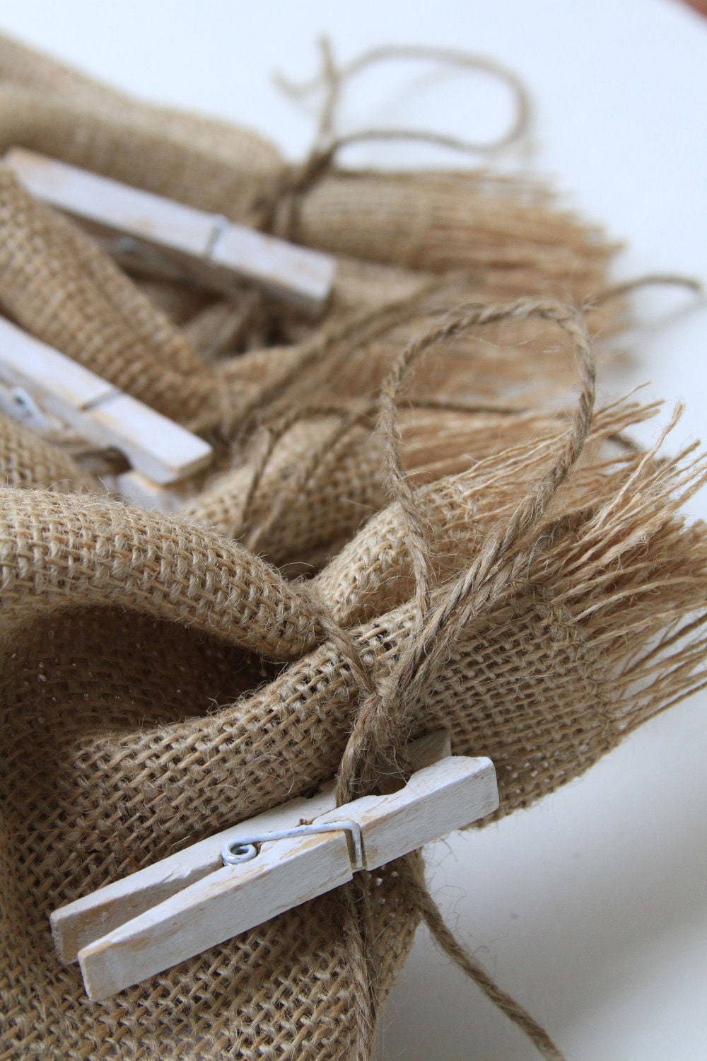 Burlap Gift Bags, White Heart, Shabby Chic Wedding, Valentines Day, White and Natural, Set of Four.