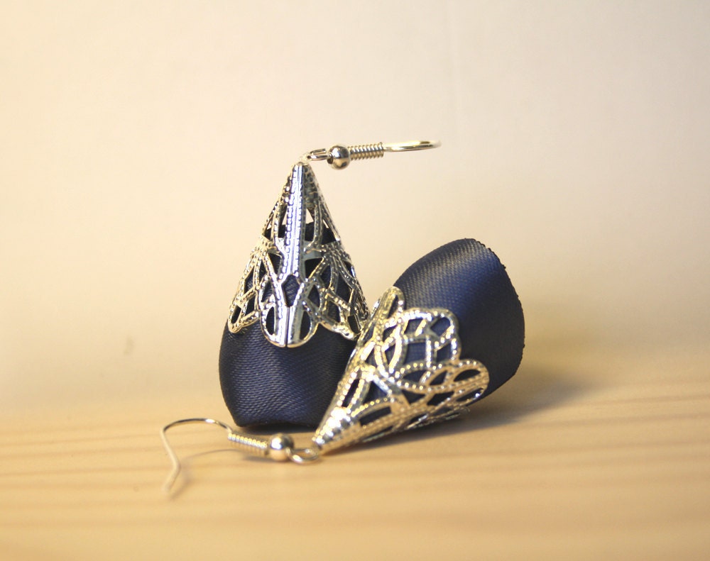 Scheherazade Earrings - Silver Arabesque filigree bell with a dusty blue satin