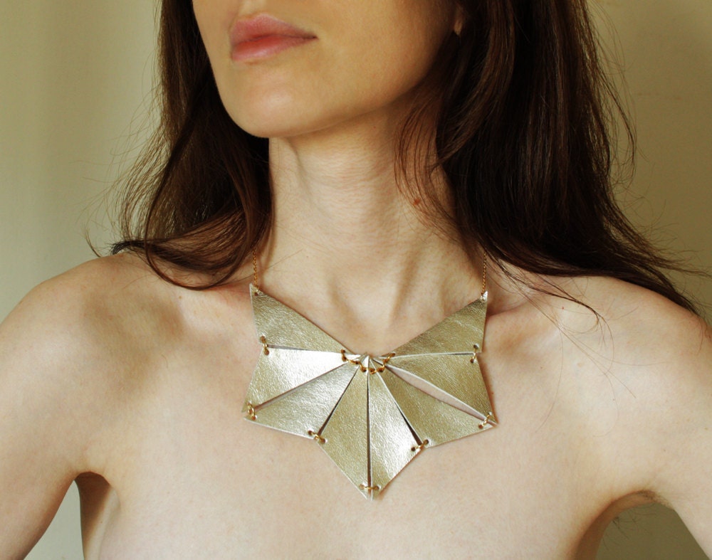 Geometric Statement Necklace, Leather Triangle Statement Necklace, made of Ivory gold leather