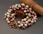 Copper Brass Pearl Bracelet Handmade Chunky Cluster Beige Brown Earth Tones Fall Fashion