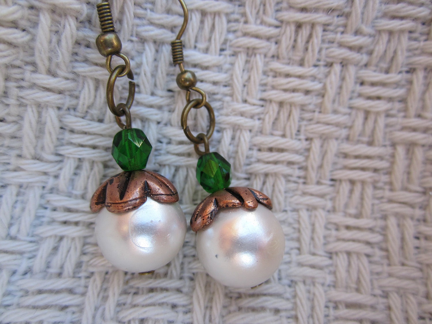 Cream and Green Dangle Earrings Wire Wrapped