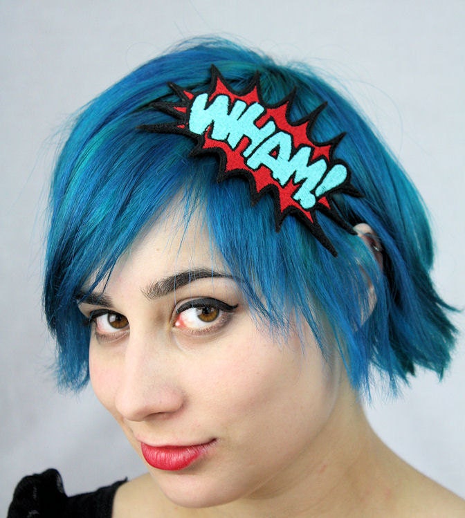 WHAM Cartoon Headband, Comic Inspired, Red and Turquoise