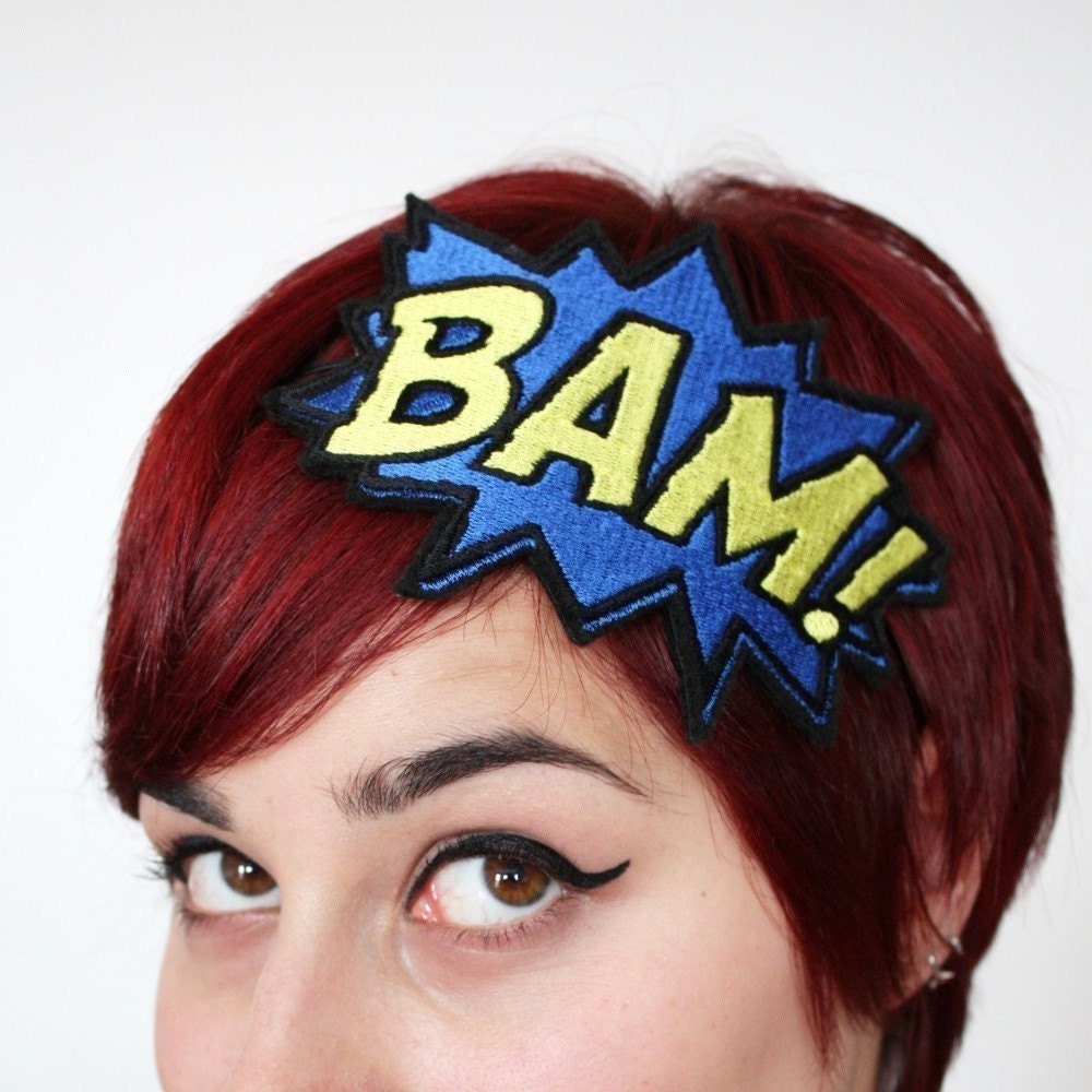 Bam comic headband blue and yellow embroidered