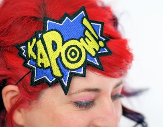 KAPOW Geek Headband, Blue and Yellow, Embroidered Headband