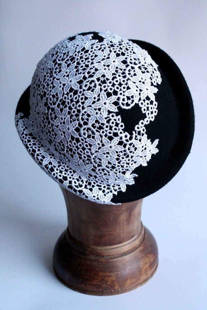 Bowler hat black with white lace