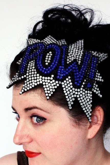 POW Fascinator Rhinestone, Comic Book Fascinator, Crystal and Blue, As seen on the Today Show and Curve magazine