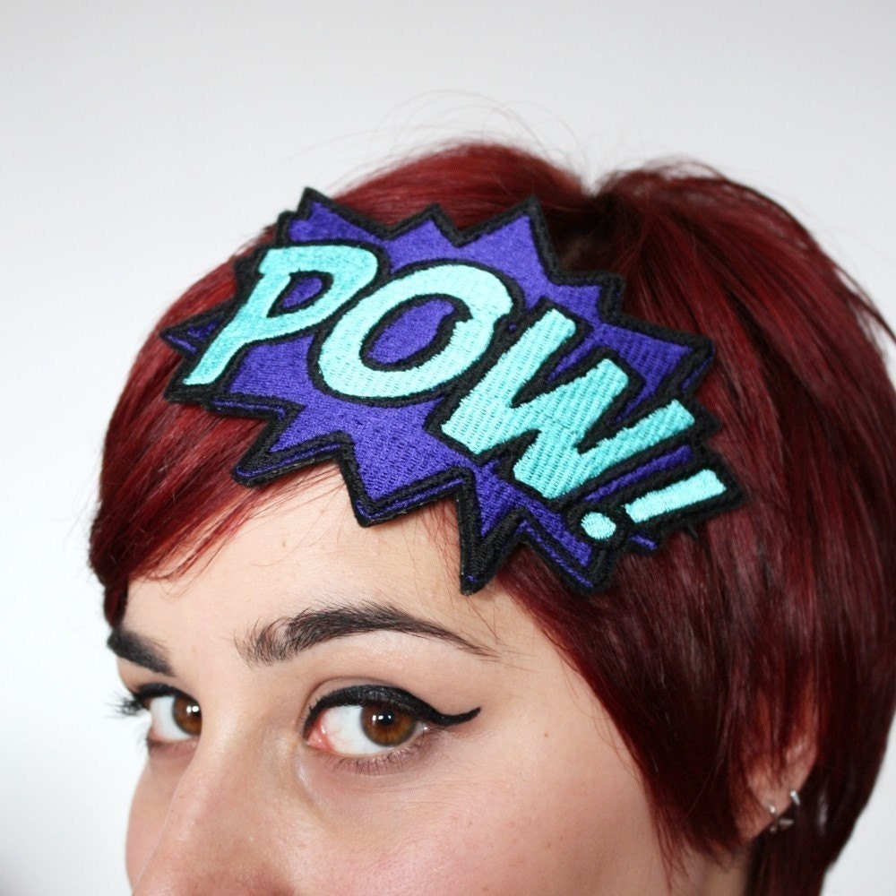 POW Comic Embroidered Headband Hair Decoration Purple and Turquoise