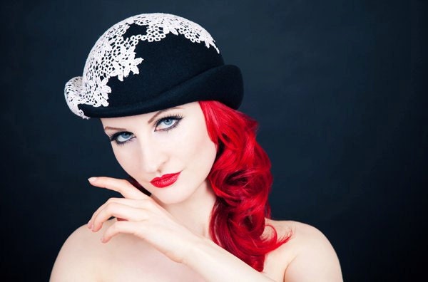 Bowler hat black with white lace
