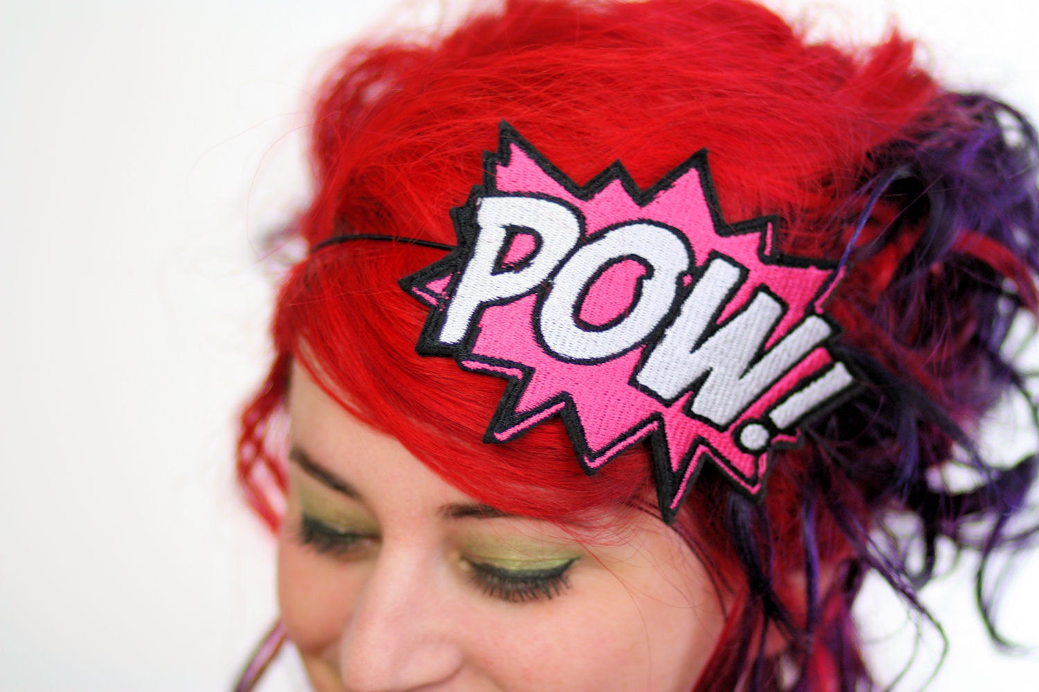 Comic Pow Embroidered Headband Hair Decoration Shocking Pink and White