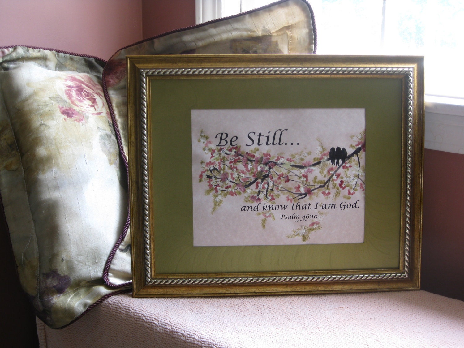 Custom Calligraphy, Made to Order, Bible Verse and Birds, Be still and know that I am God. Psalm 46:10