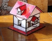 Red Barn Decorative Stained Glass Bird House, Home Decor, Red and White Glass