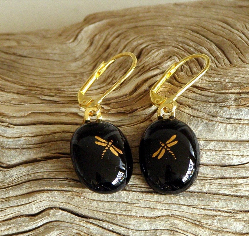 Black and Gold Dragonfly Earrings Fused Glass