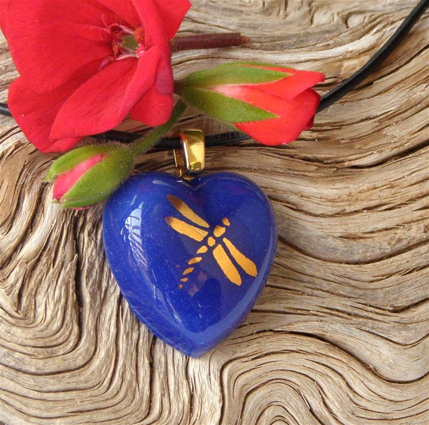 Fused Glass Heart Pendant Necklace - Cobalt Blue with Gold Dragonfly Decal