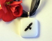Fused Glass Pendant Necklace, Black Eagle Decal on White Glass