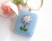 Fused Glass Flower Pendant Necklace - Pale Blue with Light Purple Flower