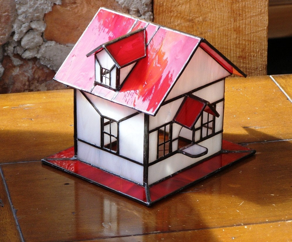 Red Barn Decorative Stained Glass Bird House, Home Decor, Red and White Glass